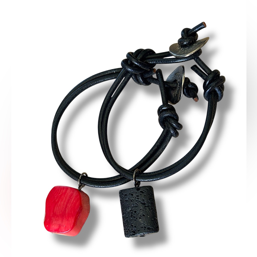 Athens Protasis Leather Cord Bracelets Lava Rock & Dyed Coral Natural Charms